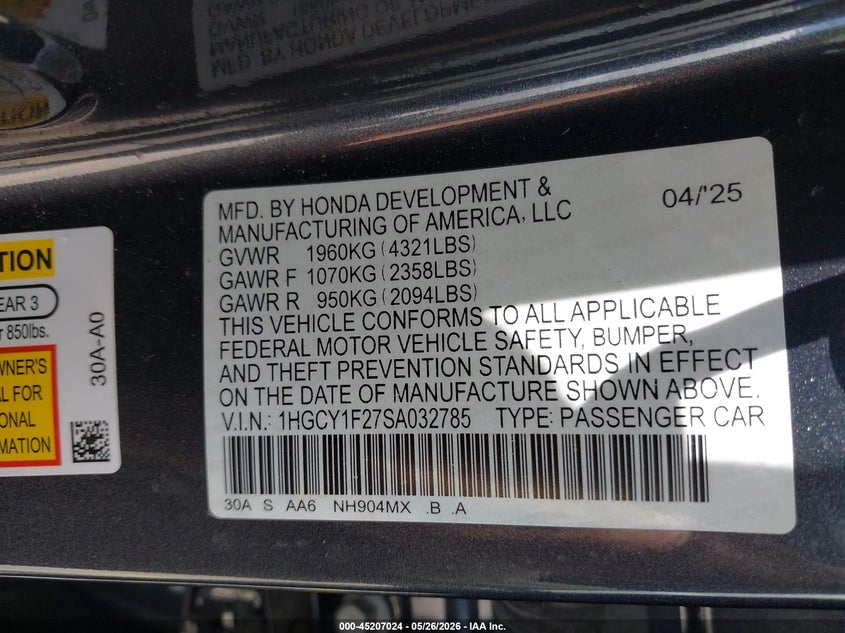 VIN 1HGCY1F27SA032785 2025 HONDA ACCORD LX