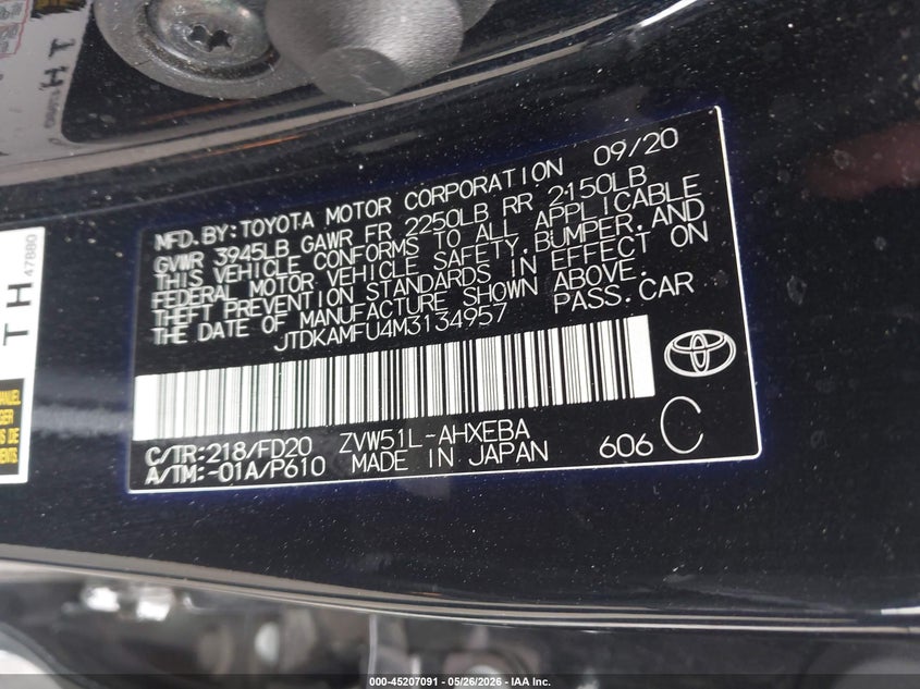 VIN JTDKAMFU4M3134957 2021 TOYOTA PRIUS LE