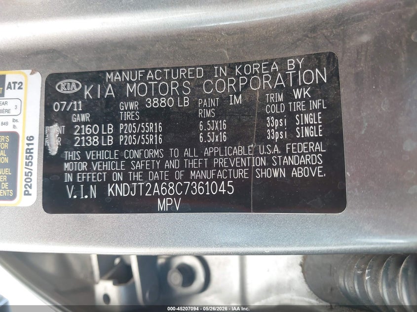 2012 Kia Soul 2.0 + Grey Lot 111045207094 Vin KNDJT2A68C7361045