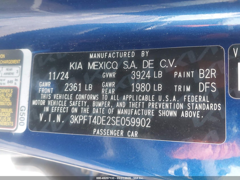 2025 Kia K4 Lxs VIN: 3KPFT4DE2SE059902 Lot: 45207133