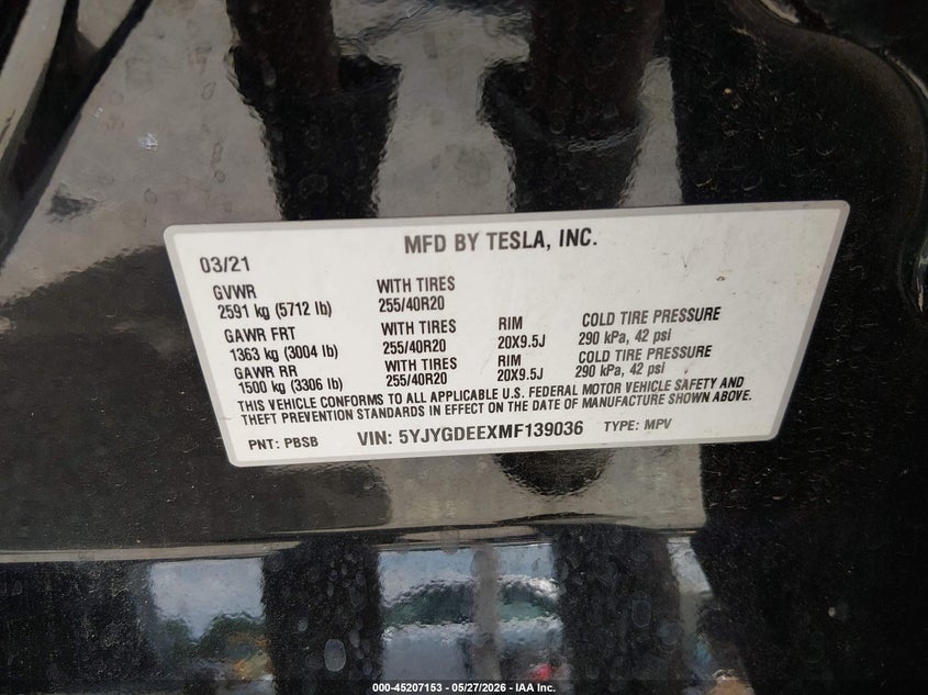 TESLA MODEL Y 2021 VIN 5YJYGDEEXMF139036