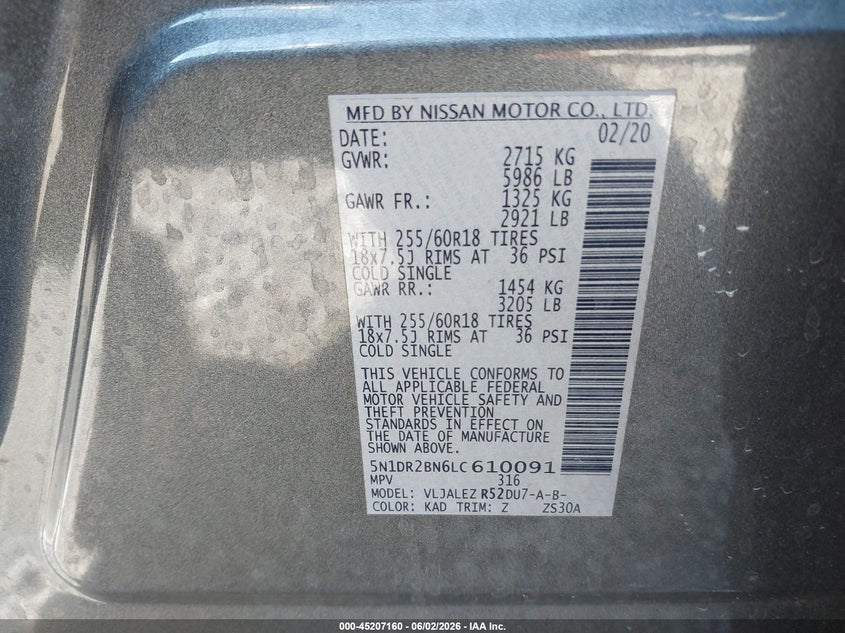 2020 Nissan Pathfinder Sv 2Wd VIN: 5N1DR2BN6LC610091 Lot: 45207160