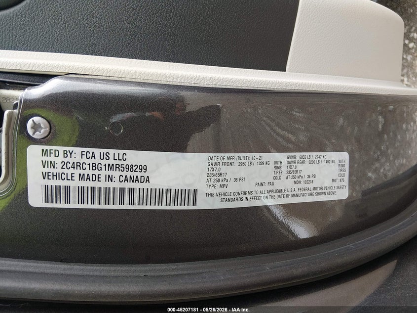 CHRYSLER PACIFICA 2021 VIN 2C4RC1BG1MR598299