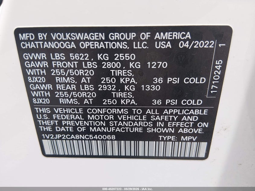 2022 Volkswagen Atlas 2.0T Se W/Technology VIN: 1V2JP2CA8NC540068 Lot: 45207223