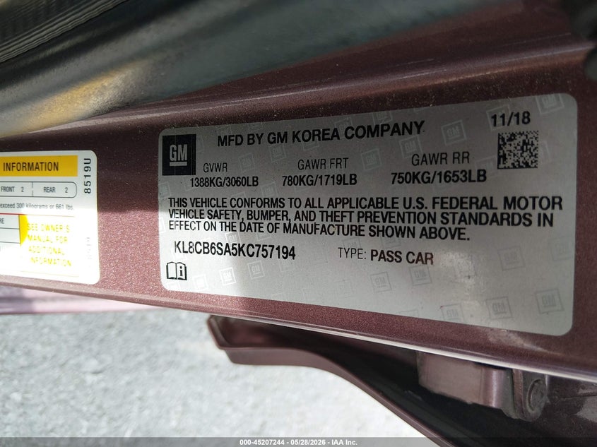 2019 Chevrolet Spark Ls Cvt VIN: KL8CB6SA5KC757194 Lot: 45207244