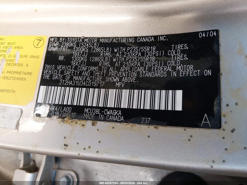 2004 Lexus Rx 330 VIN: 2T2HA31U34C019717 Lot: 45207254