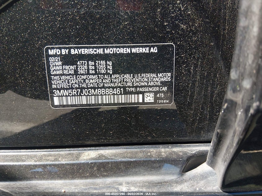 2021 BMW 330I xDrive VIN: 3MW5R7J03M8B88461 Lot: 45207290