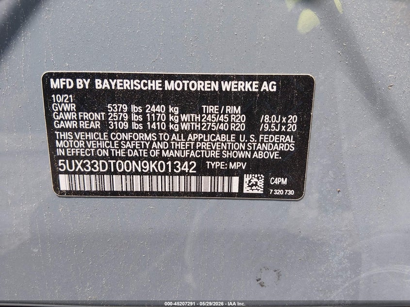 2022 BMW X4 xDrive30I VIN: 5UX33DT00N9K01342 Lot: 45207291
