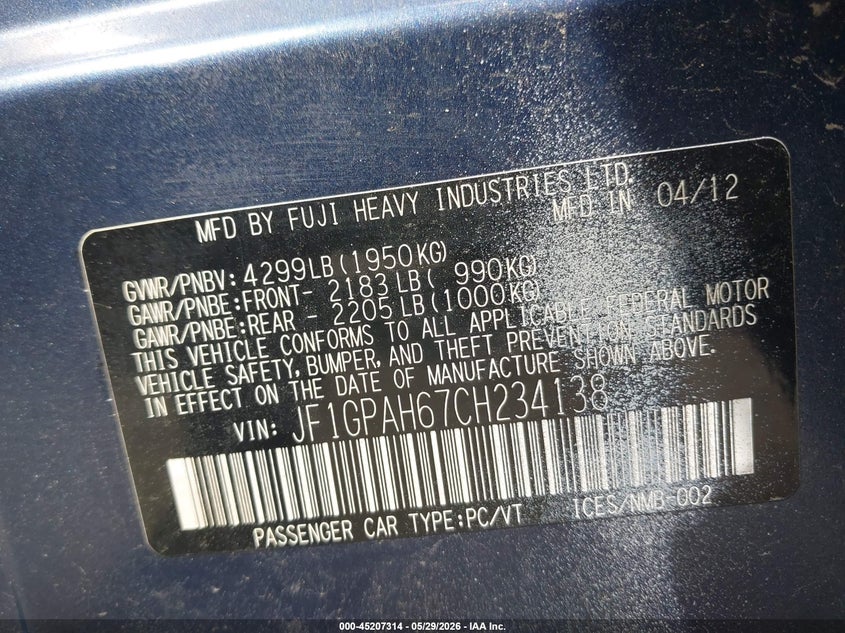 2012 Subaru Impreza 2.0I Limited VIN: JF1GPAH67CH234138 Lot: 45207314