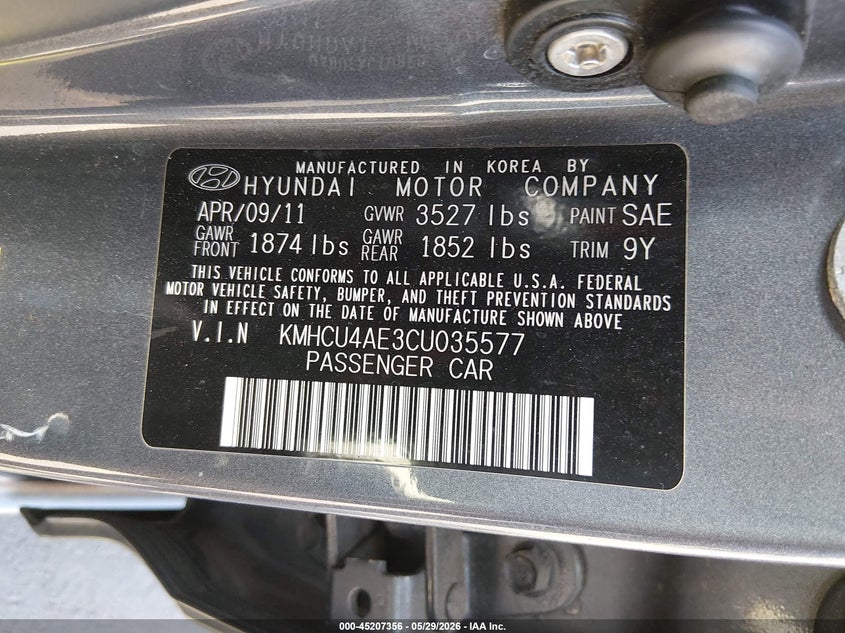 2012 Hyundai Accent 1.6 Gls grey Lot 111045207356 Vin KMHCU4AE3CU035577