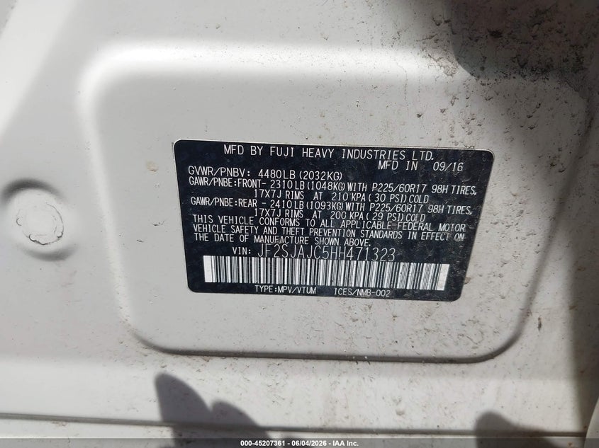 2017 Subaru Forester 2.5I Limited VIN: JF2SJAJC5HH471323 Lot: 45207361