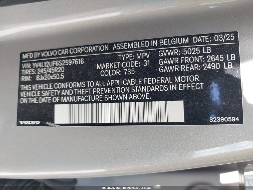 2025 Volvo Xc40 B5 Ultra Bright Theme VIN: YV4L12UF6S2597616 Lot: 45207363