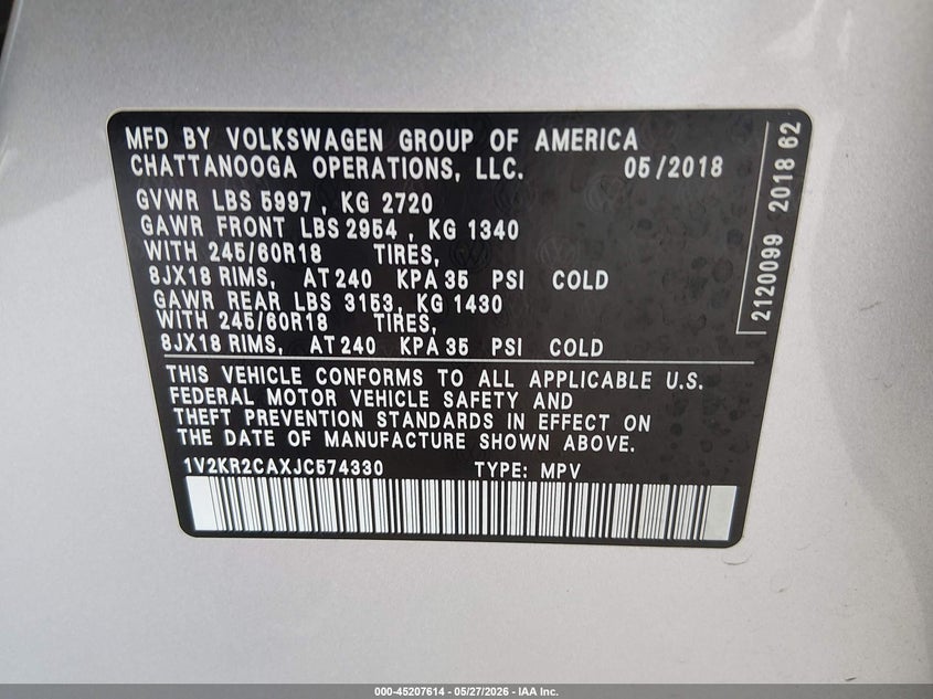 2018 Volkswagen Atlas 3.6L V6 Se VIN: 1V2KR2CAXJC574330 Lot: 45207614