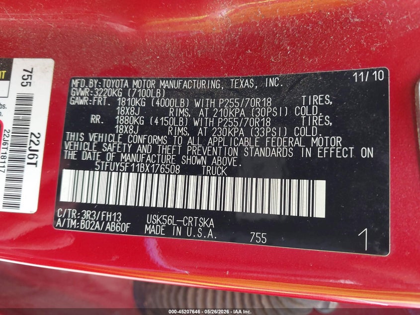 2011 Toyota Tundra Grade 5.7L V8 VIN: 5TFUY5F11BX176508 Lot: 45207646
