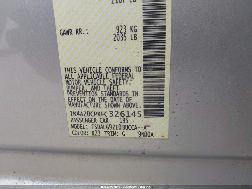 2015 Nissan Leaf Sl VIN: 1N4AZ0CPXFC326145 Lot: 45207659
