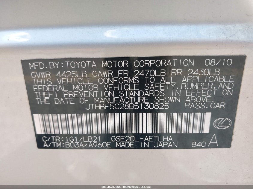 2011 Lexus Is 250 VIN: JTHBF5C28B5130825 Lot: 45207665