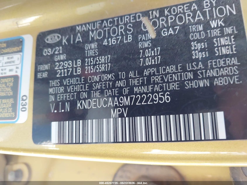 2021 Kia Seltos S VIN: KNDEUCAA9M7222956 Lot: 45207725