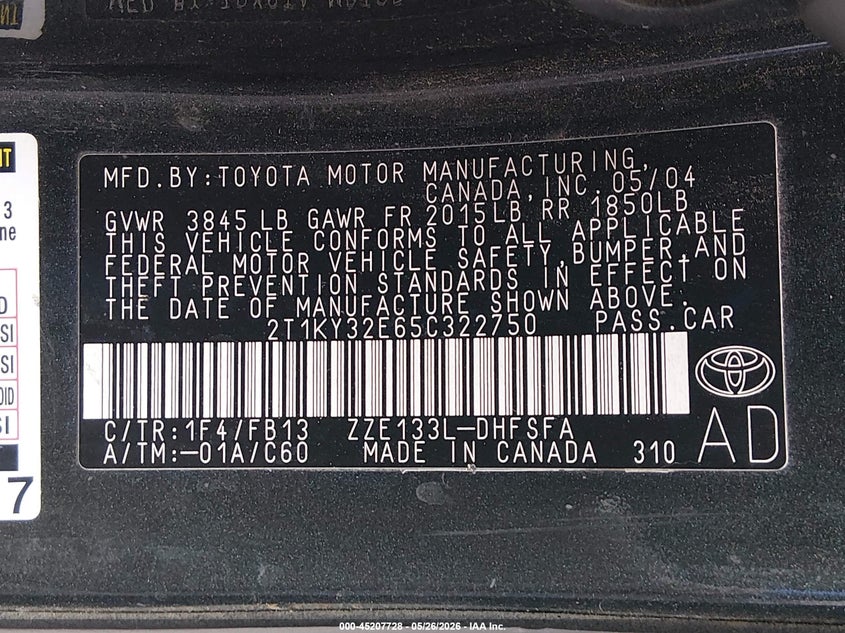 2005 Toyota Matrix Xrs VIN: 2T1KY32E65C322750 Lot: 45207728