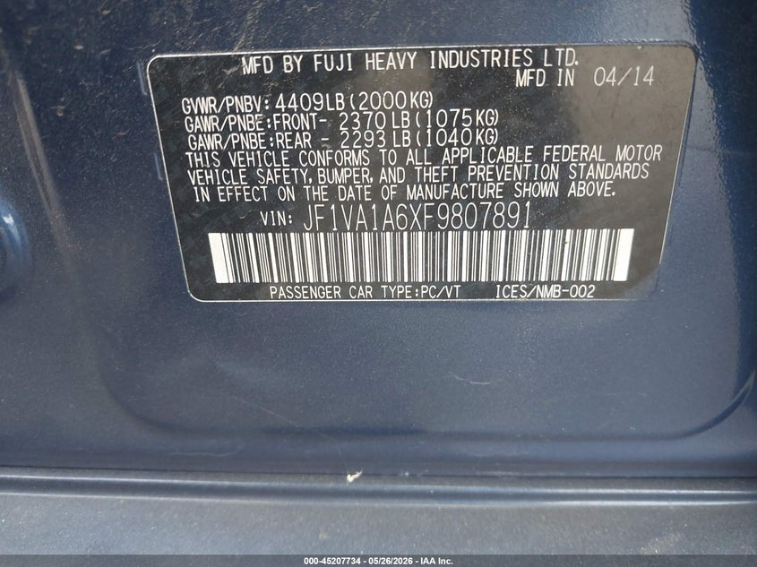 2015 Subaru Wrx VIN: JF1VA1A6XF9807891 Lot: 45207734