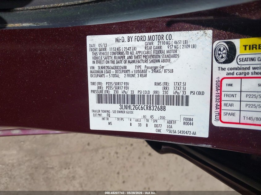 2012 Lincoln Mkz VIN: 3LNHL2GC6CR832688 Lot: 45207743