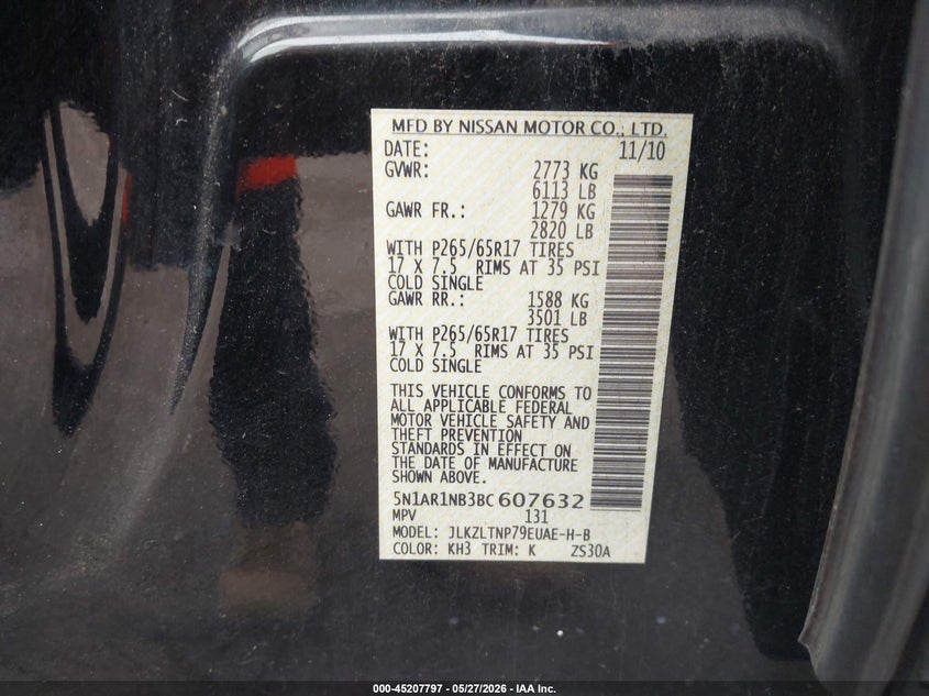 2011 Nissan Pathfinder Silver VIN: 5N1AR1NB3BC607632 Lot: 45207797
