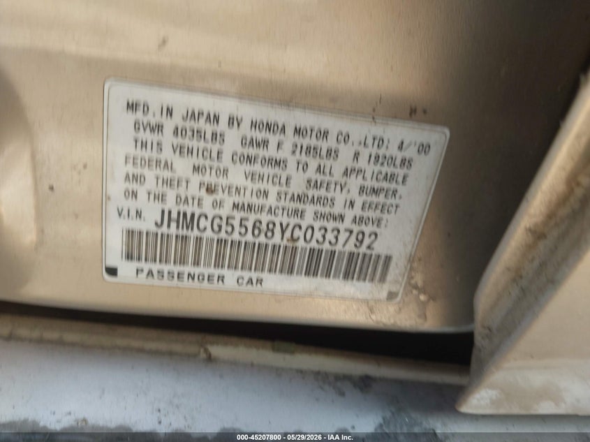 2000 Honda Accord 2.3 Ex VIN: JHMCG5568YC033792 Lot: 45207800