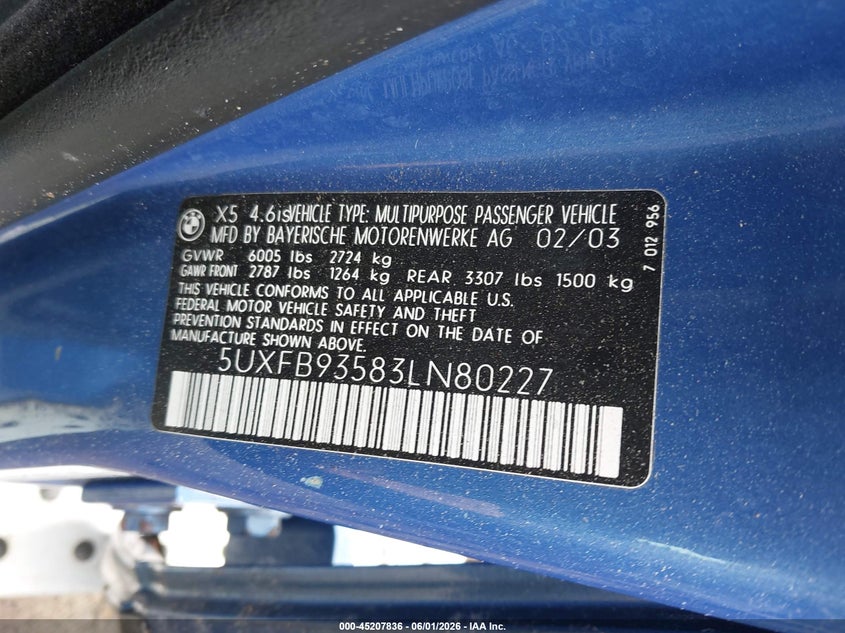 2003 BMW X5 4.6Is VIN: 5UXFB93583LN80227 Lot: 45207836