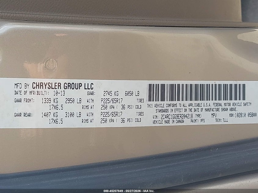 2014 Chrysler Town & Country Limited VIN: 2C4RC1GG9ER204218 Lot: 45207849
