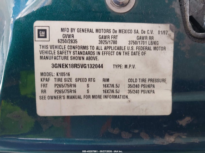 1997 Chevrolet Tahoe VIN: 3GNEK18R5VG132044 Lot: 45207861