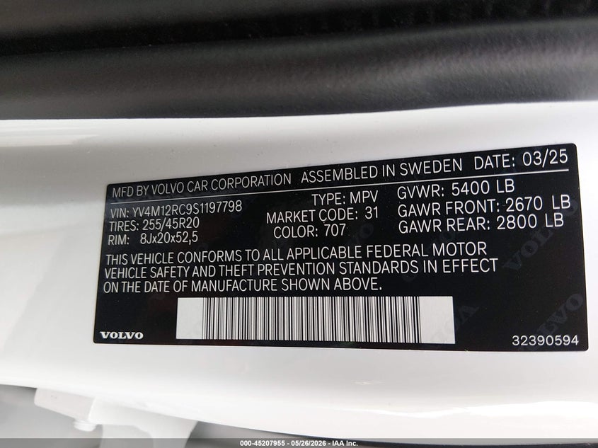 2025 Volvo Xc60 B5 Plus VIN: YV4M12RC9S1197798 Lot: 45207955