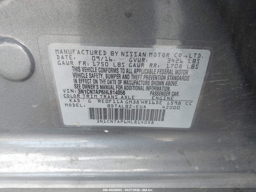 2017 NISSAN VERSA SEDAN 1.6L I-4 DOHC, VVT, 109HP