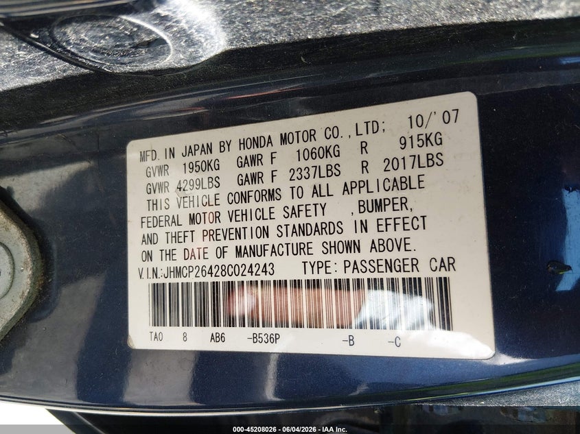 2008 Honda Accord 2.4 Lx-P VIN: JHMCP26428C024243 Lot: 45208026