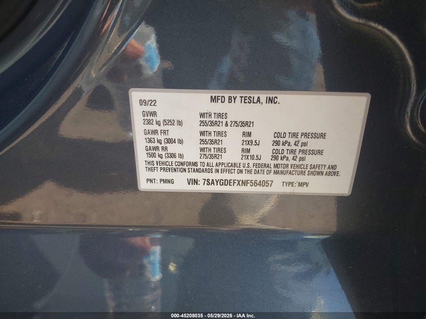 2022 Tesla Model Y Performance Dual Motor All-Wheel Drive VIN: 7SAYGDEFXNF564057 Lot: 45208035