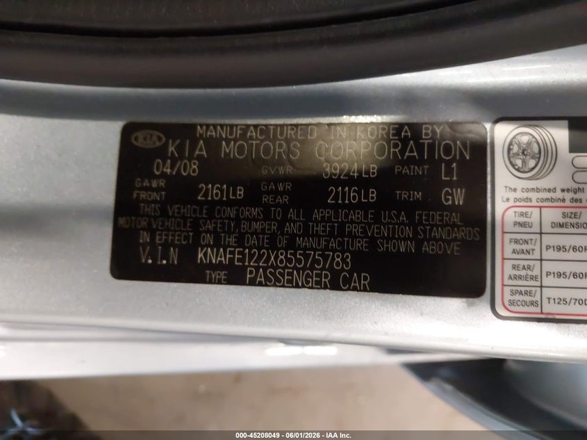 2008 Kia Spectra Ex VIN: KNAFE122X85575783 Lot: 45208049