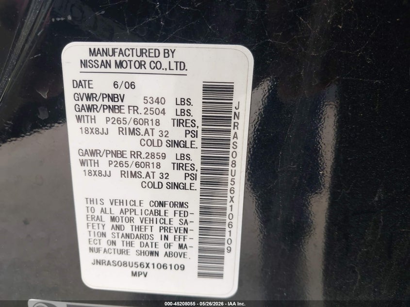 2006 Infiniti Fx35 VIN: JNRAS08U56X106109 Lot: 45208055