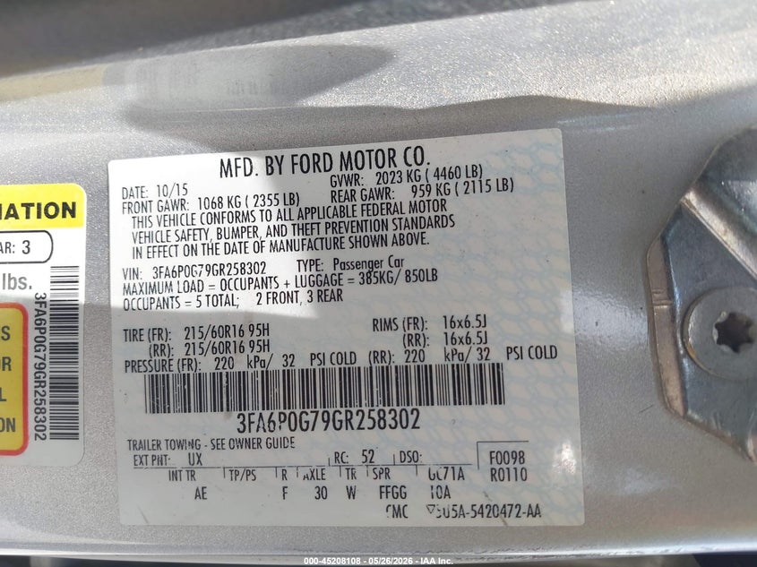 2016 Ford Fusion S VIN: 3FA6P0G79GR258302 Lot: 45208108
