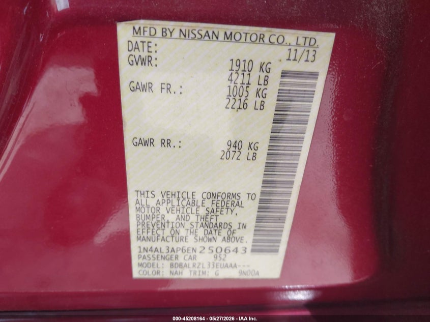NISSAN ALTIMA 2014 VIN 1N4AL3AP6EN250643