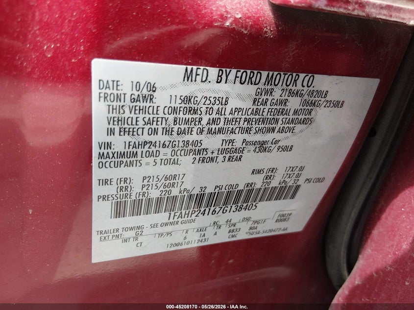 2007 FORD FIVE HUNDRED SEDAN 3.0L V-6 DOHC, 203HP