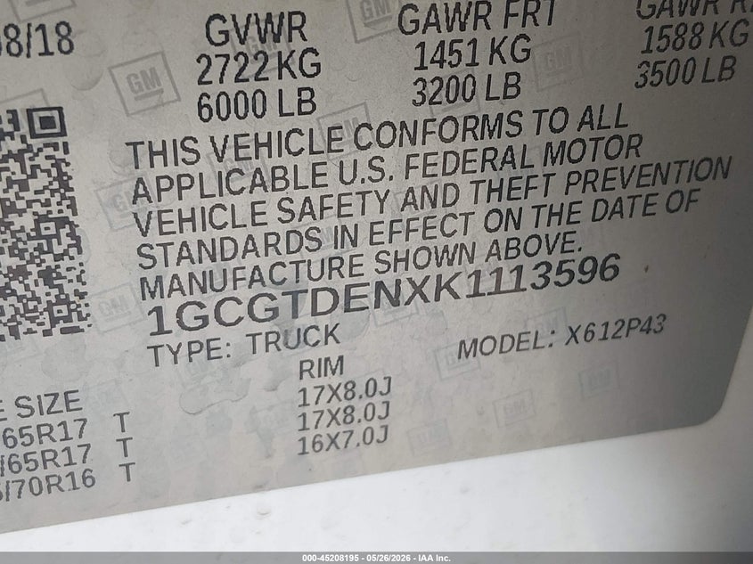 VIN 1GCGTDENXK1113596 2019 CHEVROLET COLORADO Z71