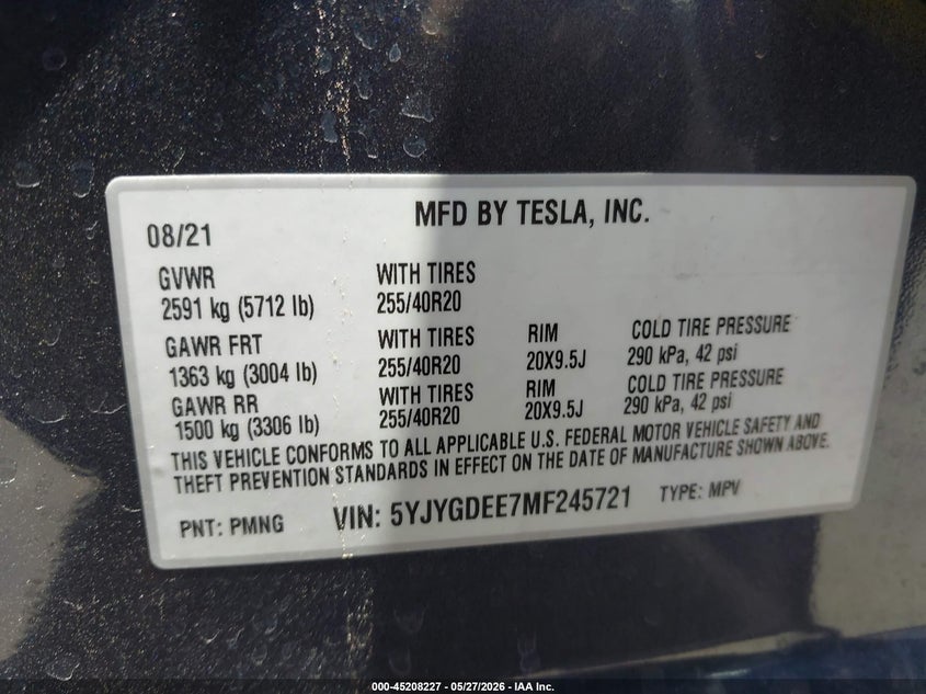2021 TESLA MODEL Y SPORT UTILITY VEHICLE ELECTRIC