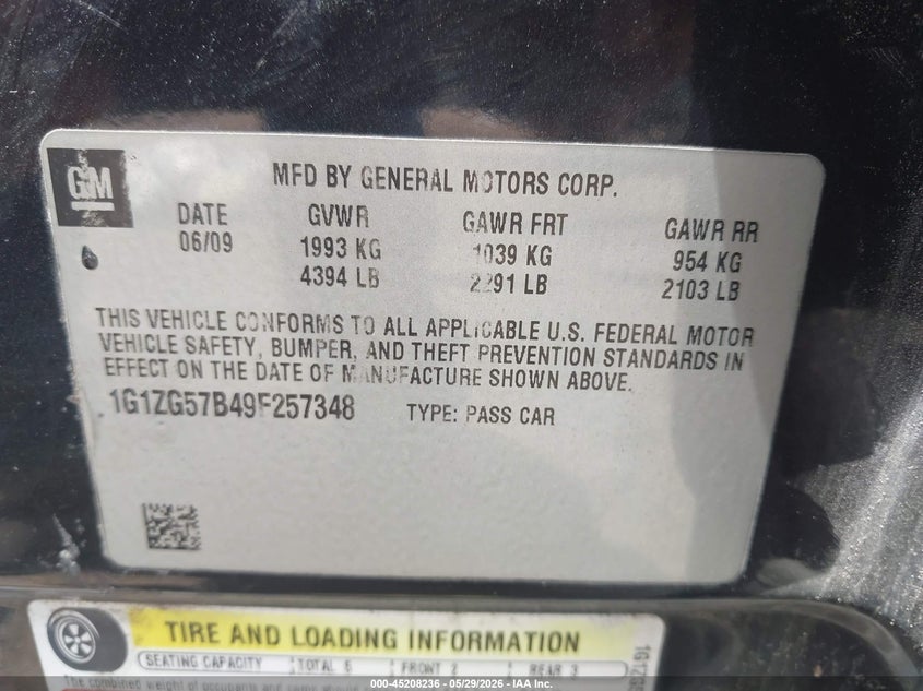 2009 Chevrolet Malibu Ls VIN: 1G1ZG57B49F257348 Lot: 45208236