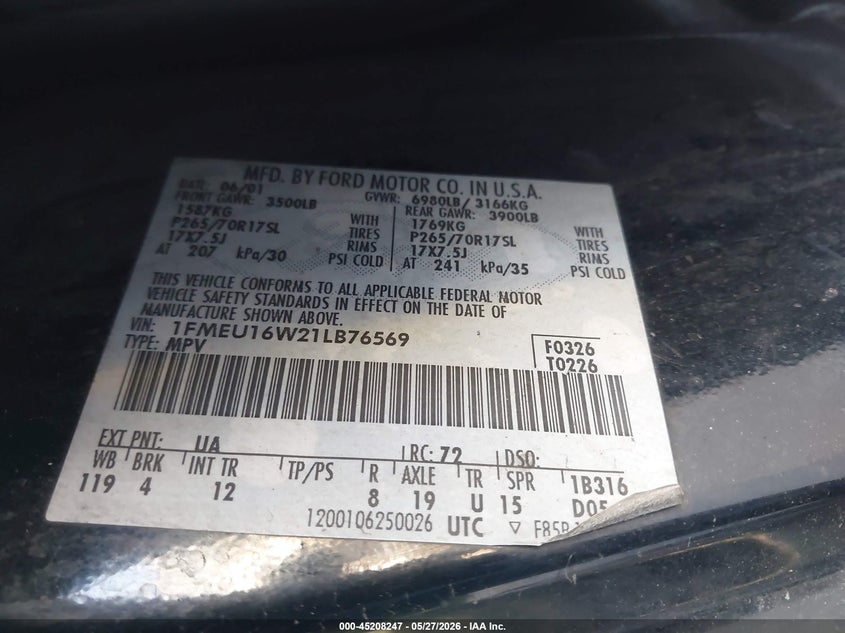 2001 Ford Expedition Xlt VIN: 1FMEU16W21LB76569 Lot: 45208247