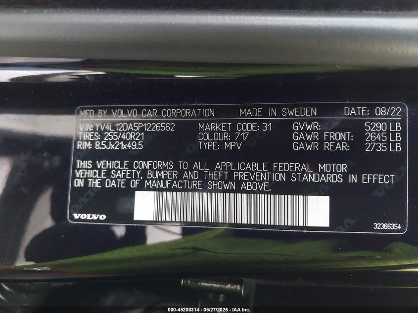 2023 Volvo Xc60 B5 Ultimate Bright Theme VIN: YV4L12DA5P1226562 Lot: 45208314