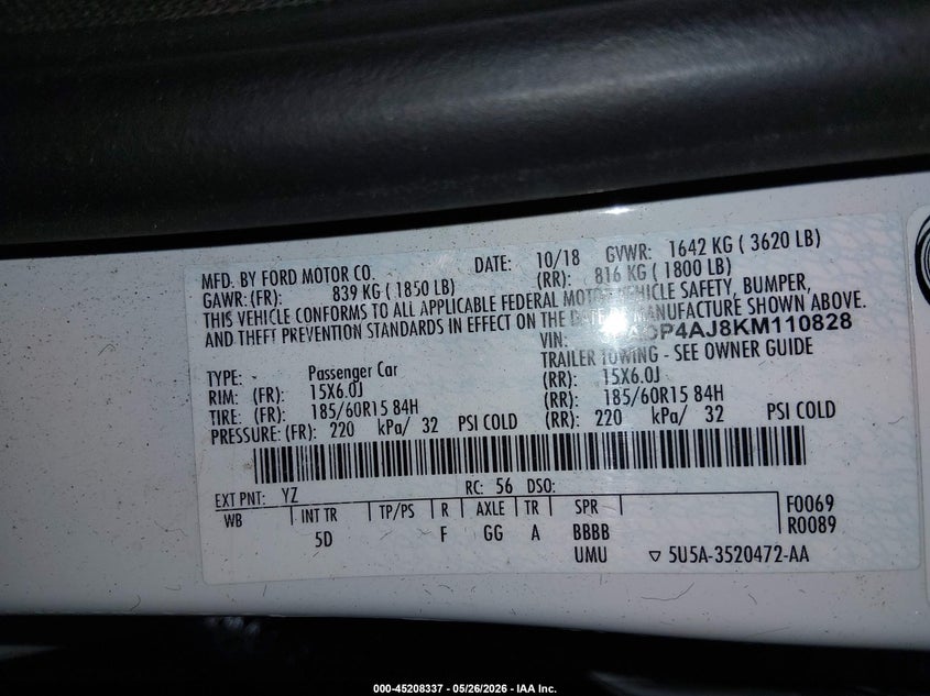 VIN 3FADP4AJ8KM110828 2019 FORD FIESTA S