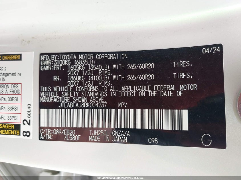 2024 Toyota Land Cruiser VIN: JTEABFAJ8RK004237 Lot: 45208464