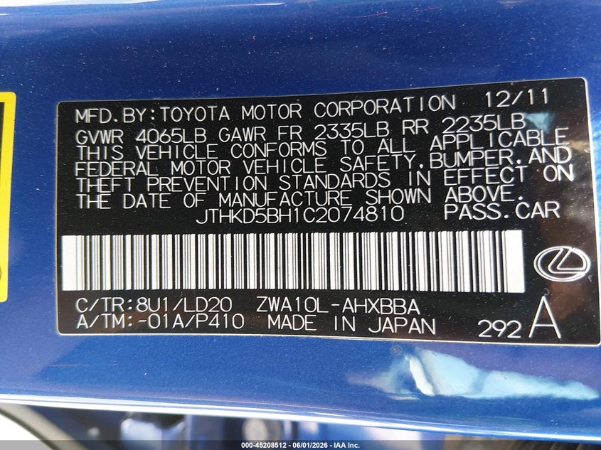 JTHKD5BH1C2074810 2012 Lexus Ct 1.8 Ct 200H Premium blue