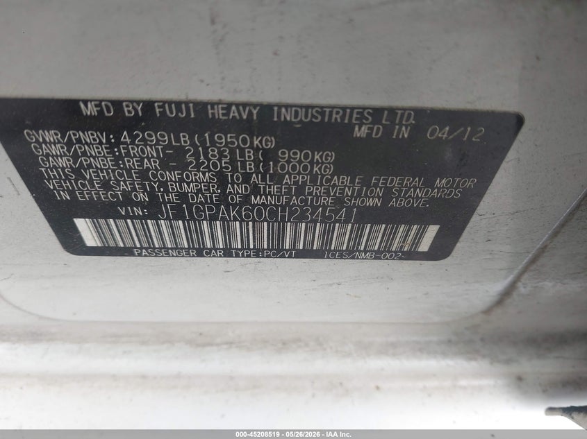 JF1GPAK60CH234541 2012 Subaru Impreza 2.0 2.0I Limited white