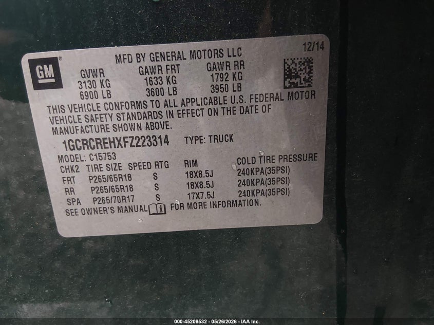 CHEVROLET SILVERADO 1500 2015 VIN 1GCRCREHXFZ223314