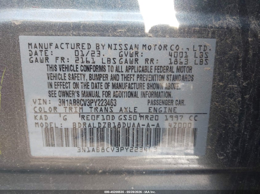 VIN 3N1AB8CV3PY223463 2023 NISSAN SENTRA SV XTRONIC CVT