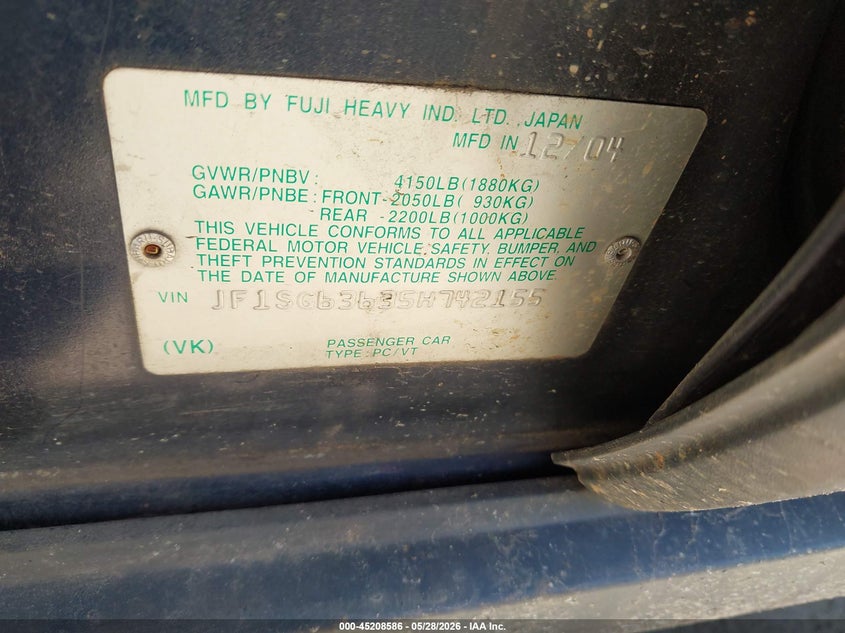 2005 Subaru Forester 2.5X VIN: JF1SG63635H742155 Lot: 45208586